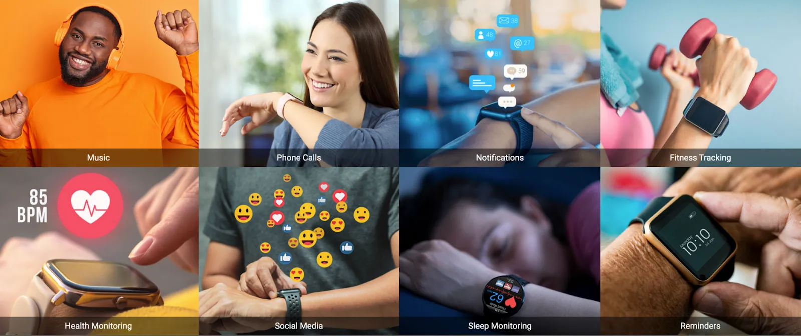 VitalWear features: music, phone calls, notifications, fitness tracking, health monitoring, social media, sleep monitoring and reminders